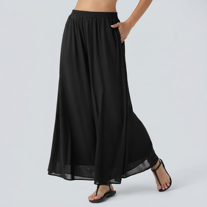 Pantalones relajados de talle alto, con bolsillos y sobreposición de malla, de pierna ancha
