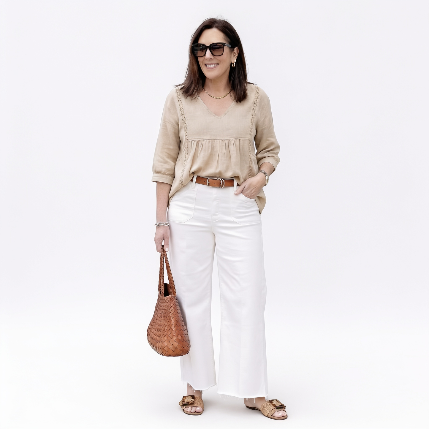 Top informal para mujer con cuello en V y encaje – Corte imperio, ligero y mangas de 3/4 – Caída fluida, transpirable y romántico