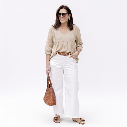 Top informal para mujer con cuello en V y encaje – Corte imperio, ligero y mangas de 3/4 – Caída fluida, transpirable y romántico