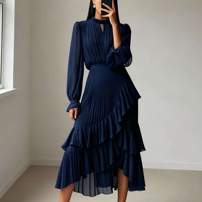 Vestido Midi Plisado para mujer con Volantes y Escote en forma de Ojo de Cerradura