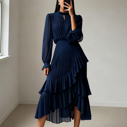 Vestido Midi Plisado para mujer con Volantes y Escote en forma de Ojo de Cerradura