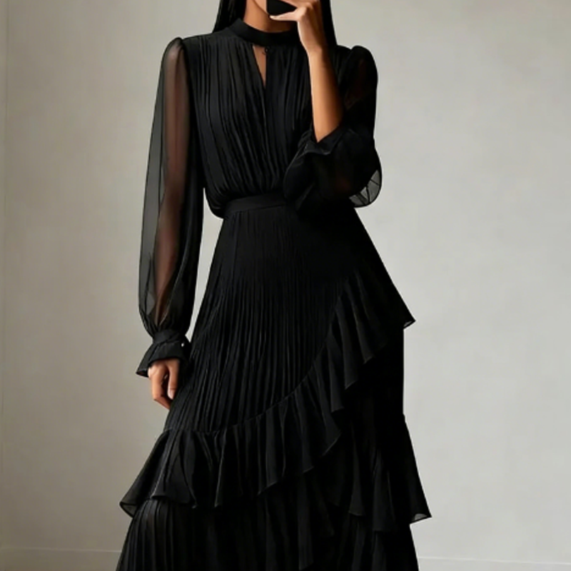 Vestido Midi Plisado para mujer con Volantes y Escote en forma de Ojo de Cerradura
