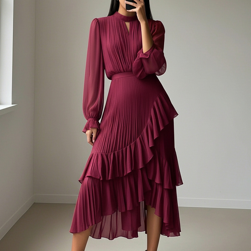 Vestido Midi Plisado para mujer con Volantes y Escote en forma de Ojo de Cerradura