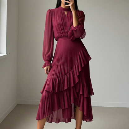 Vestido Midi Plisado para mujer con Volantes y Escote en forma de Ojo de Cerradura