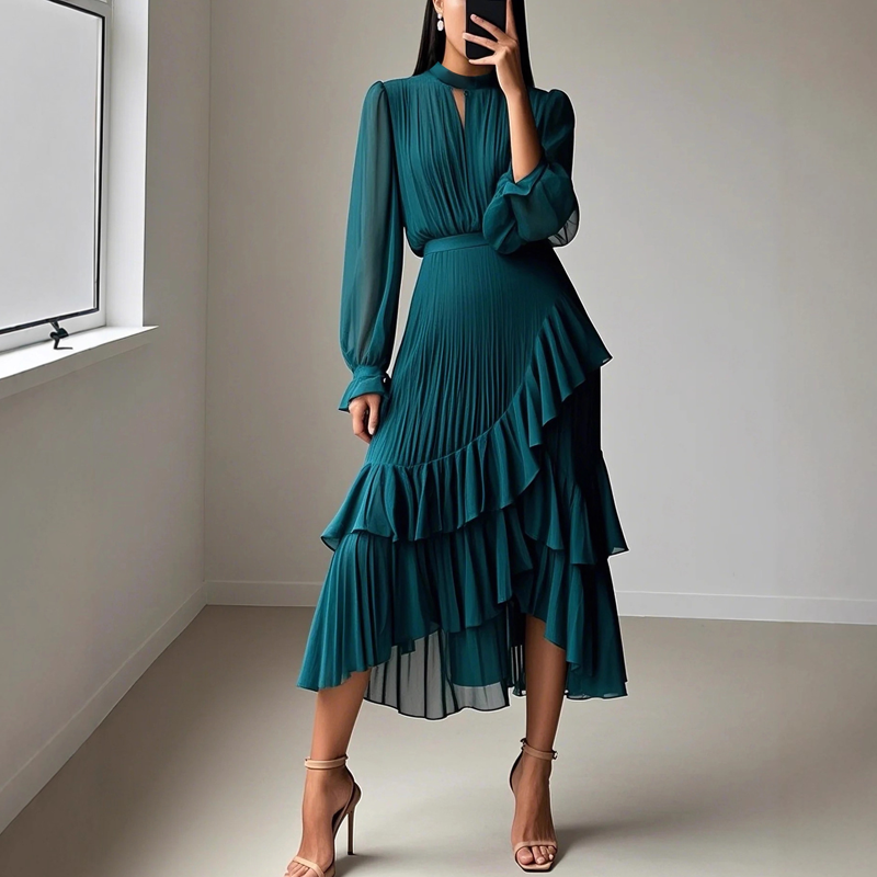 Vestido Midi Plisado para mujer con Volantes y Escote en forma de Ojo de Cerradura