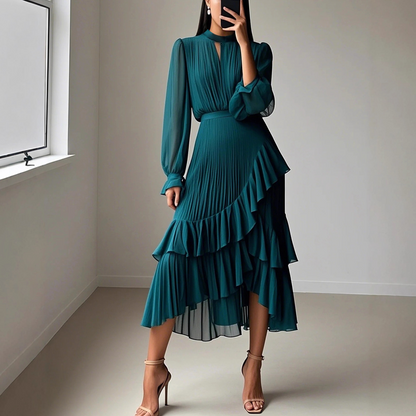 Vestido Midi Plisado para mujer con Volantes y Escote en forma de Ojo de Cerradura