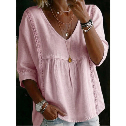 Top informal para mujer con cuello en V y encaje – Corte imperio, ligero y mangas de 3/4 – Caída fluida, transpirable y romántico
