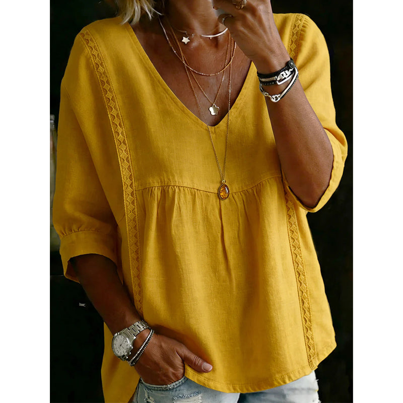 Top informal para mujer con cuello en V y encaje – Corte imperio, ligero y mangas de 3/4 – Caída fluida, transpirable y romántico