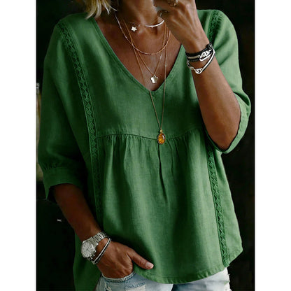 Top informal para mujer con cuello en V y encaje – Corte imperio, ligero y mangas de 3/4 – Caída fluida, transpirable y romántico