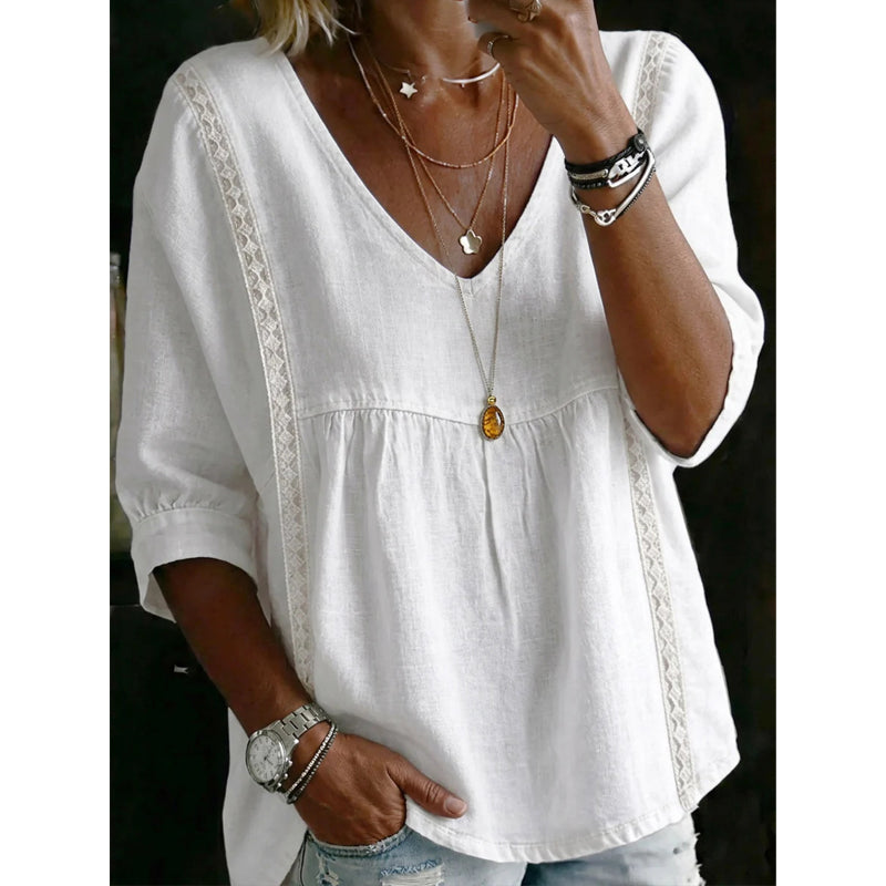 Top informal para mujer con cuello en V y encaje – Corte imperio, ligero y mangas de 3/4 – Caída fluida, transpirable y romántico