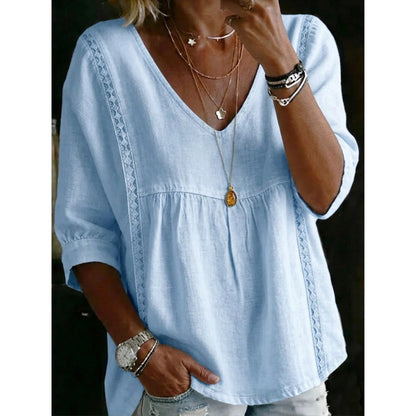 Top informal para mujer con cuello en V y encaje – Corte imperio, ligero y mangas de 3/4 – Caída fluida, transpirable y romántico
