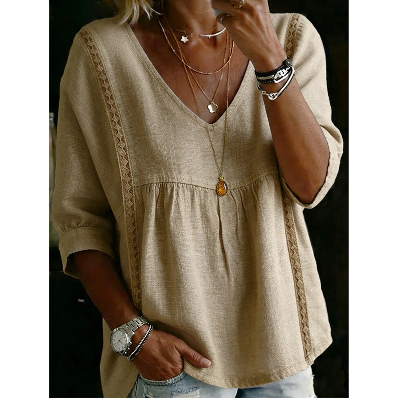 Top informal para mujer con cuello en V y encaje – Corte imperio, ligero y mangas de 3/4 – Caída fluida, transpirable y romántico