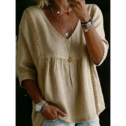 Top informal para mujer con cuello en V y encaje – Corte imperio, ligero y mangas de 3/4 – Caída fluida, transpirable y romántico