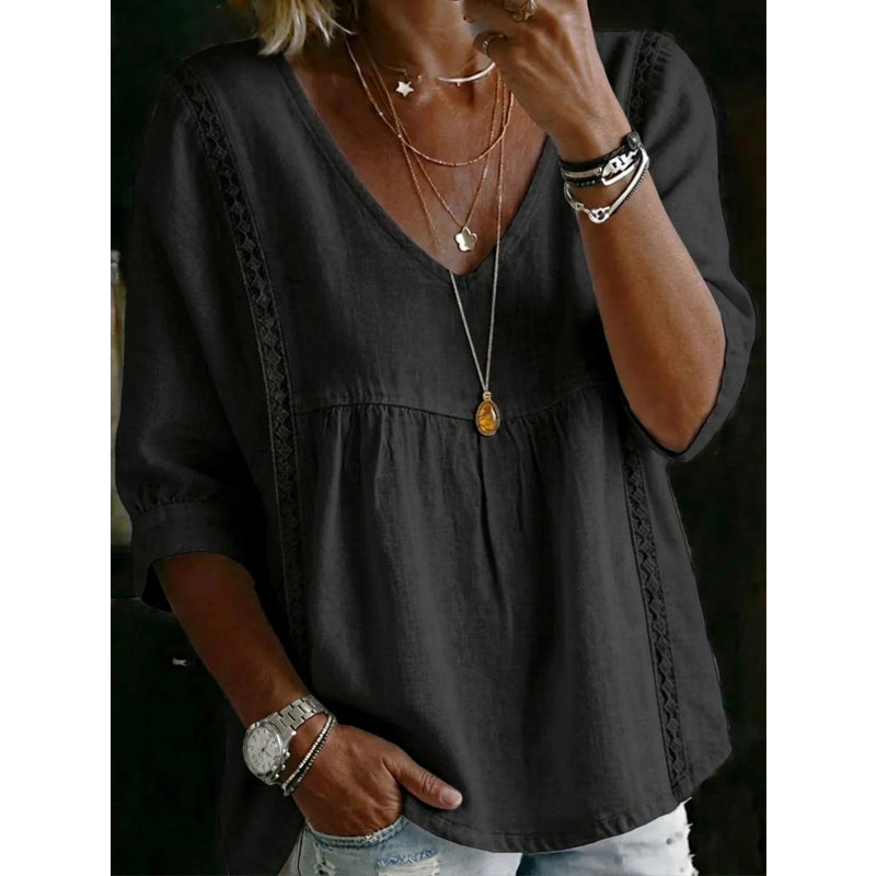 Top informal para mujer con cuello en V y encaje – Corte imperio, ligero y mangas de 3/4 – Caída fluida, transpirable y romántico