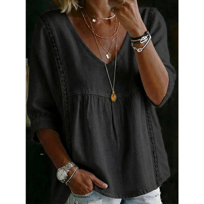 Top informal para mujer con cuello en V y encaje – Corte imperio, ligero y mangas de 3/4 – Caída fluida, transpirable y romántico